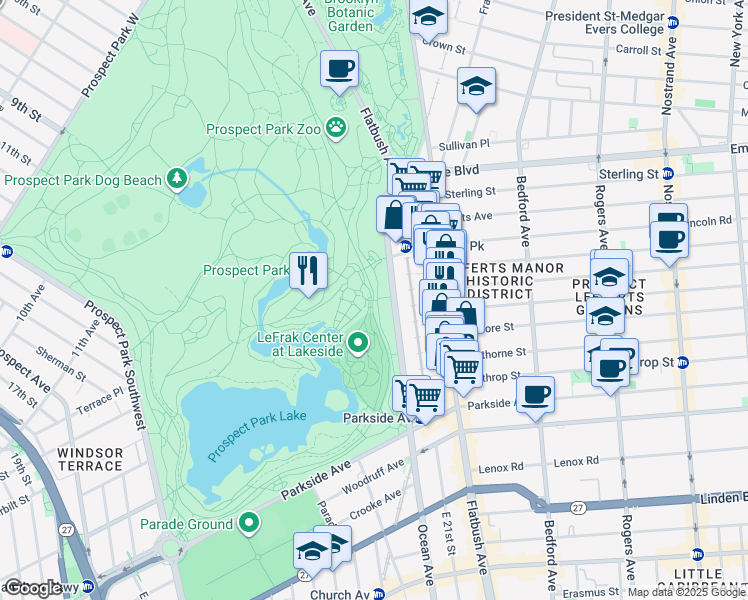map of restaurants, bars, coffee shops, grocery stores, and more near 160 East Drive in Brooklyn