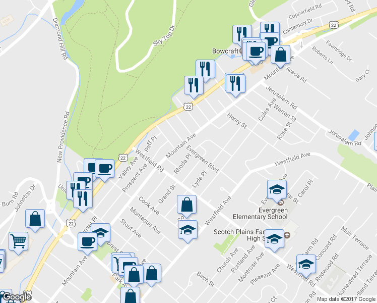 map of restaurants, bars, coffee shops, grocery stores, and more near 314 Evergreen Boulevard in Scotch Plains