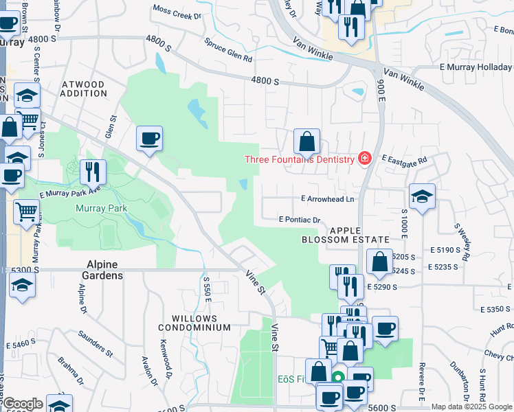 map of restaurants, bars, coffee shops, grocery stores, and more near 5130 Caribbean Way in Murray