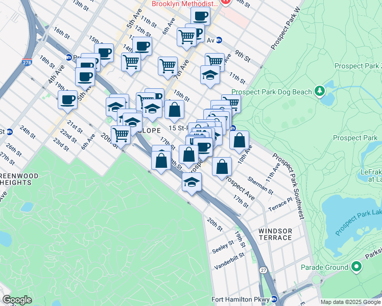 map of restaurants, bars, coffee shops, grocery stores, and more near 462 Prospect Avenue in Brooklyn