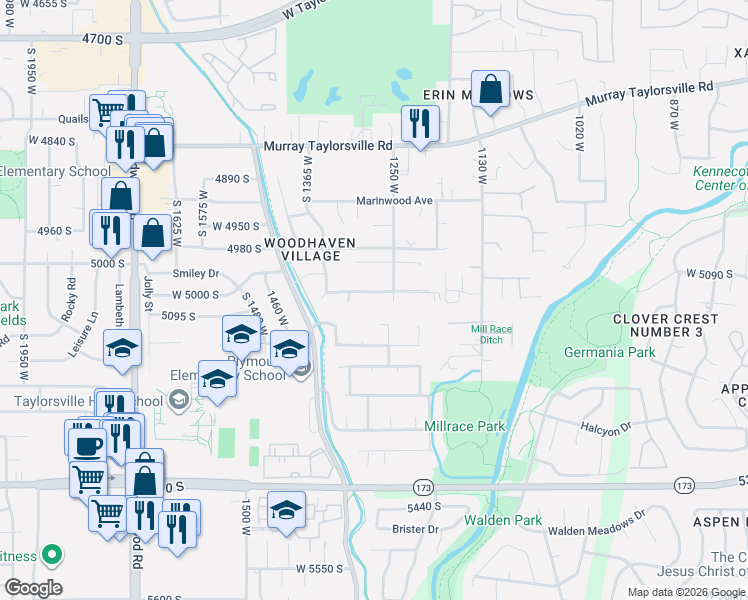 map of restaurants, bars, coffee shops, grocery stores, and more near 1265 West 5050 South in Salt Lake City