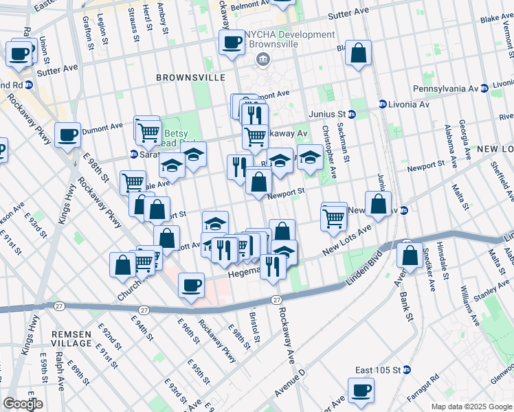 map of restaurants, bars, coffee shops, grocery stores, and more near 841 Rockaway Avenue in Brooklyn
