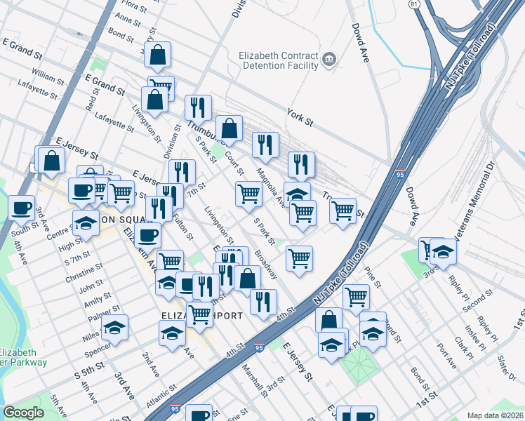 map of restaurants, bars, coffee shops, grocery stores, and more near 547 Court Street in Elizabeth