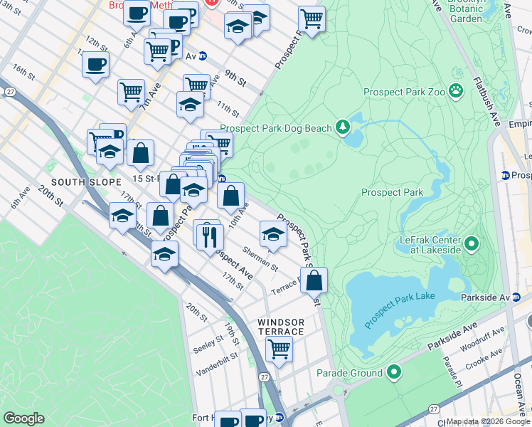 map of restaurants, bars, coffee shops, grocery stores, and more near 549 16th Street in Brooklyn
