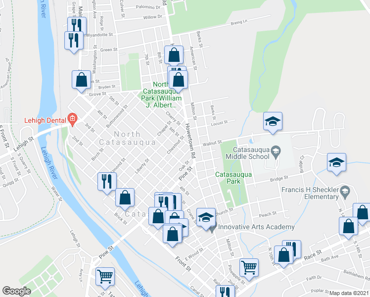 map of restaurants, bars, coffee shops, grocery stores, and more near 524 Walnut Street in Catasauqua