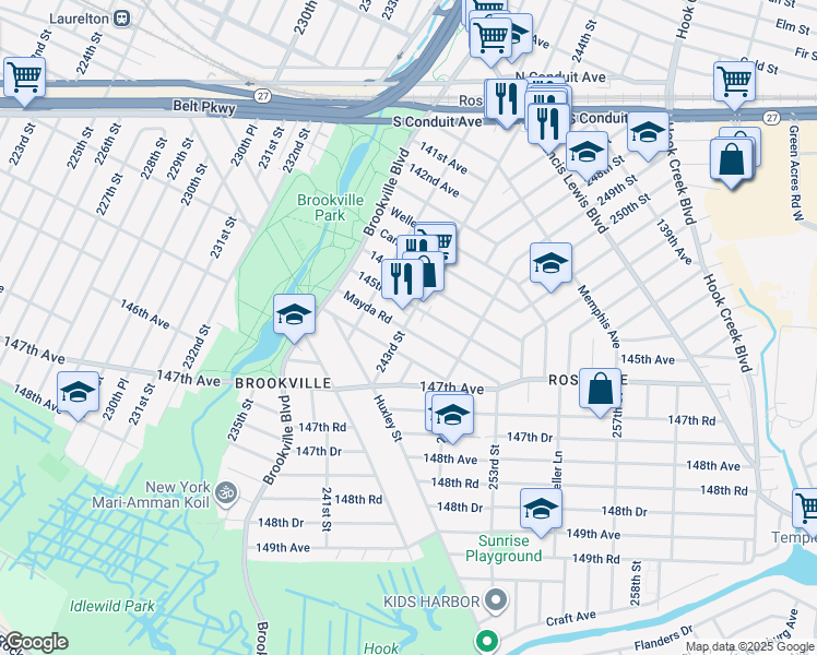map of restaurants, bars, coffee shops, grocery stores, and more near 24235 Mayda Road in Queens