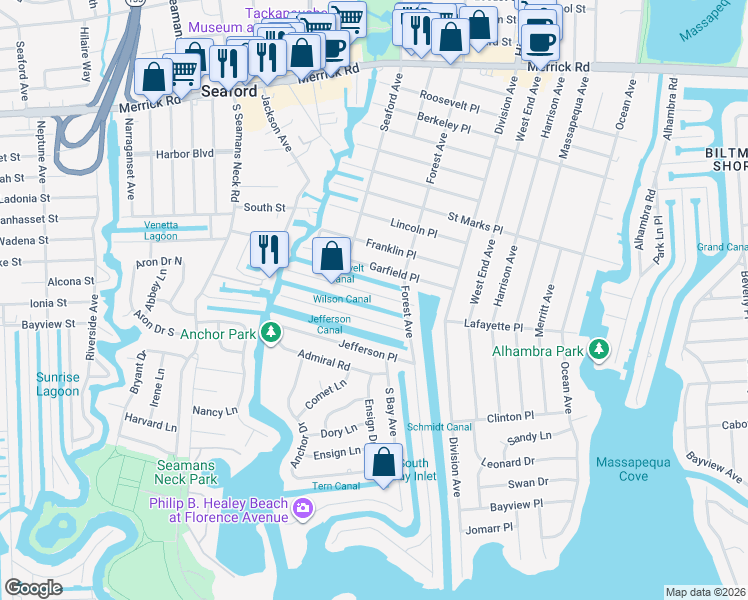 map of restaurants, bars, coffee shops, grocery stores, and more near 54 Jetmore Place in Massapequa