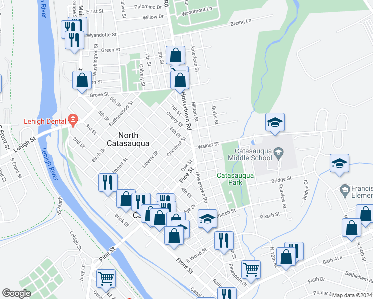 map of restaurants, bars, coffee shops, grocery stores, and more near 524 Walnut Street in Catasauqua