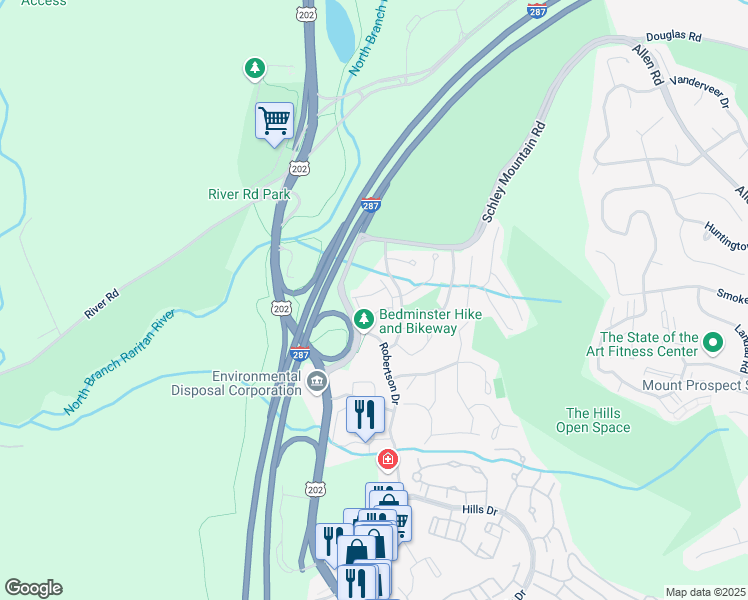 map of restaurants, bars, coffee shops, grocery stores, and more near 11 Birchwood Road in Bedminster