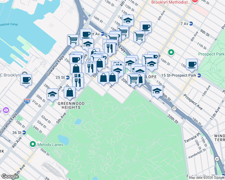 map of restaurants, bars, coffee shops, grocery stores, and more near 306 22nd Street in Brooklyn