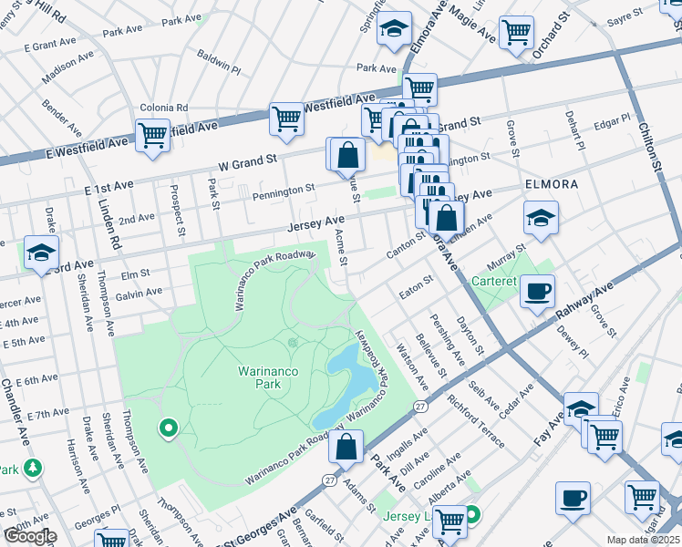 map of restaurants, bars, coffee shops, grocery stores, and more near 116 Acme Street in Elizabeth