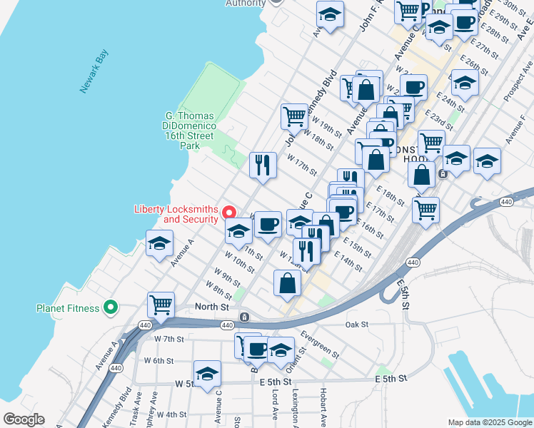 map of restaurants, bars, coffee shops, grocery stores, and more near 74 West 14th Street in Bayonne