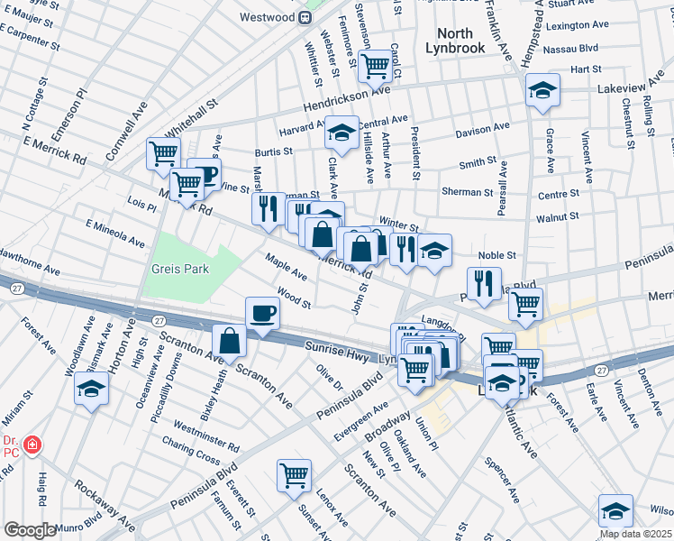 map of restaurants, bars, coffee shops, grocery stores, and more near 21-25 Leach Street in Lynbrook