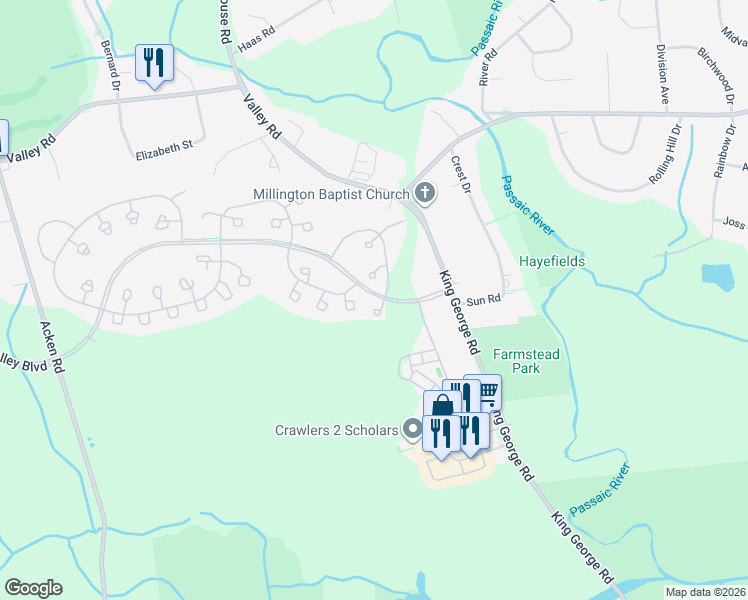 map of restaurants, bars, coffee shops, grocery stores, and more near 31 Spring Valley Boulevard in Basking Ridge