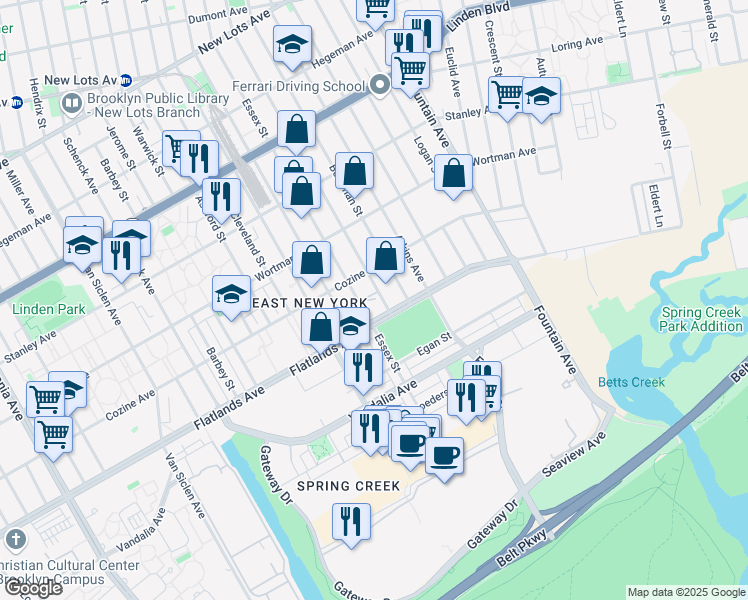 map of restaurants, bars, coffee shops, grocery stores, and more near 12505 Flatlands Avenue in Brooklyn