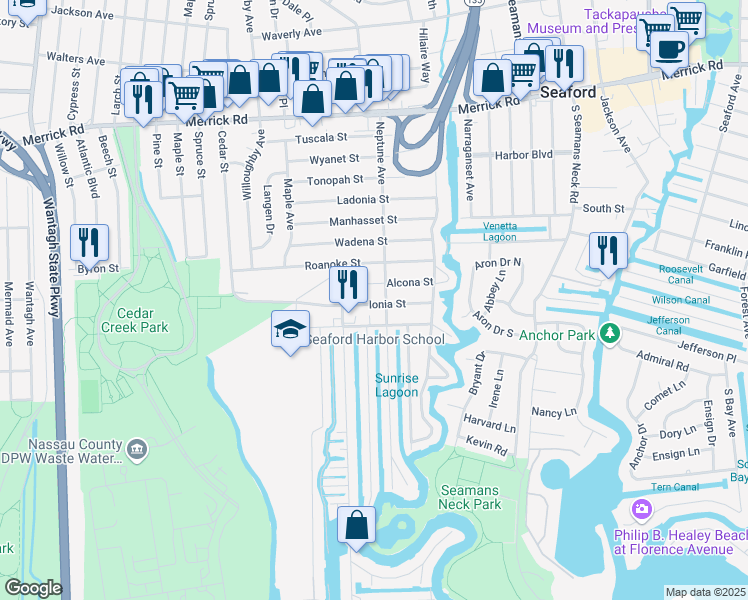 map of restaurants, bars, coffee shops, grocery stores, and more near 3625 Ionia Street in Seaford
