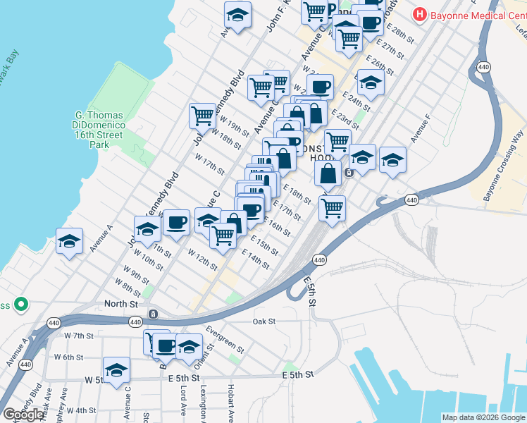 map of restaurants, bars, coffee shops, grocery stores, and more near 354 Broadway in Bayonne