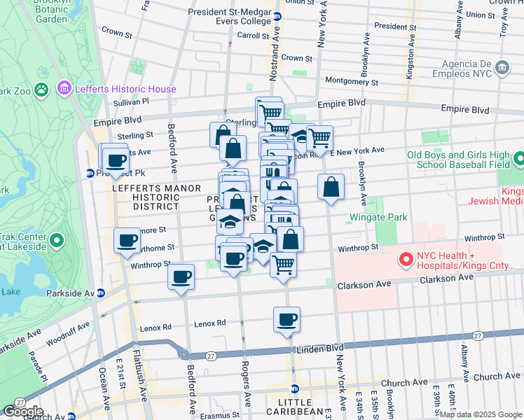 map of restaurants, bars, coffee shops, grocery stores, and more near 276 Rutland Road in Brooklyn