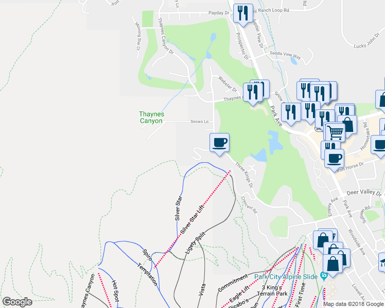 map of restaurants, bars, coffee shops, grocery stores, and more near 39 Silver Star Court in Park City