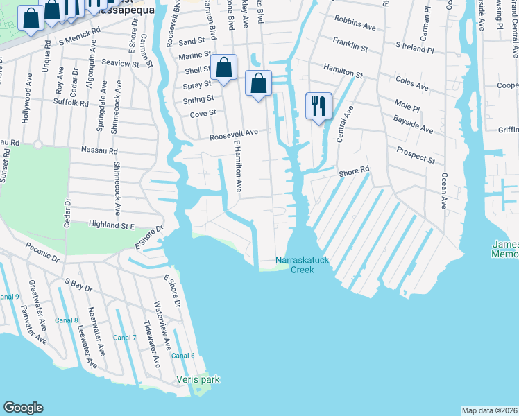 map of restaurants, bars, coffee shops, grocery stores, and more near 38 East Lincoln Avenue in Massapequa