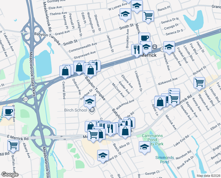 map of restaurants, bars, coffee shops, grocery stores, and more near 98 Gregory Avenue in Merrick