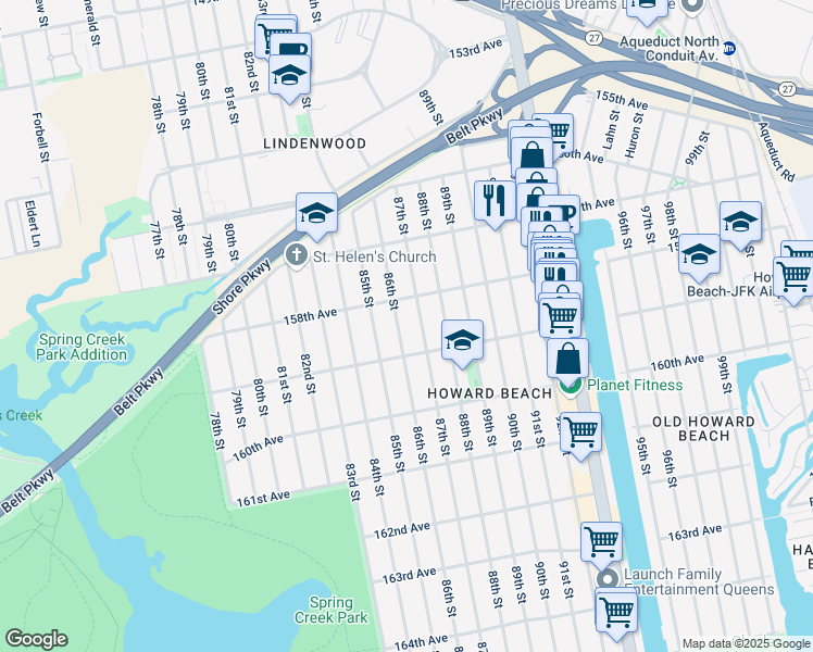 map of restaurants, bars, coffee shops, grocery stores, and more near 158-27 86th Street in Queens