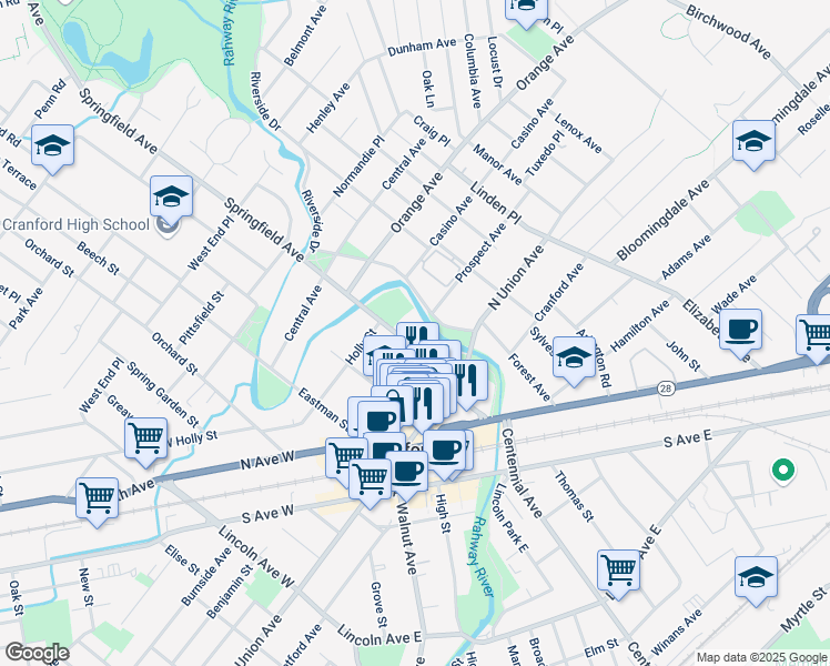 map of restaurants, bars, coffee shops, grocery stores, and more near 24 Springfield Avenue in Cranford