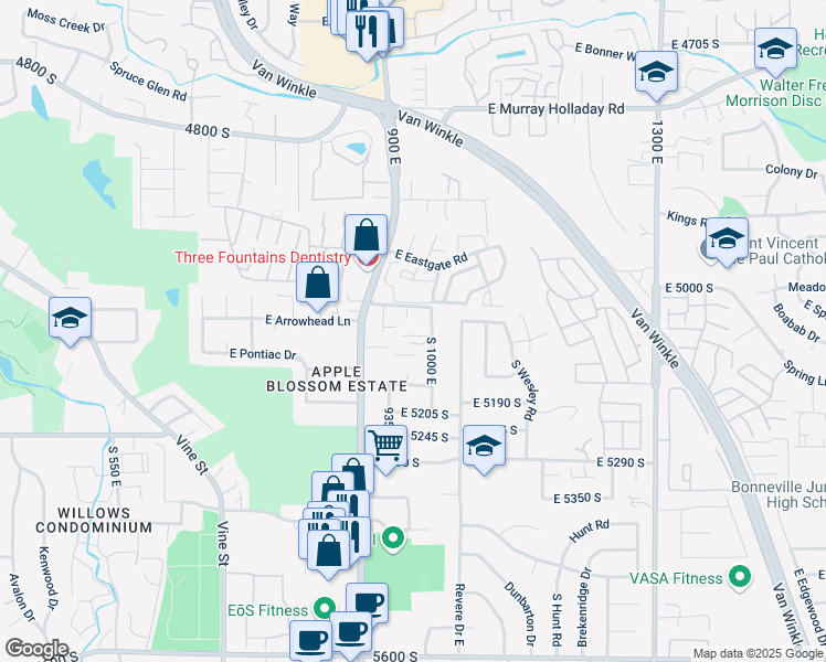 map of restaurants, bars, coffee shops, grocery stores, and more near 5090 South 1000 East in Salt Lake City