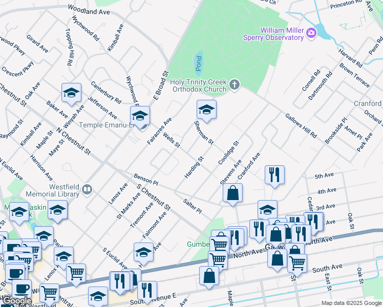 map of restaurants, bars, coffee shops, grocery stores, and more near 312 Wells Street in Westfield