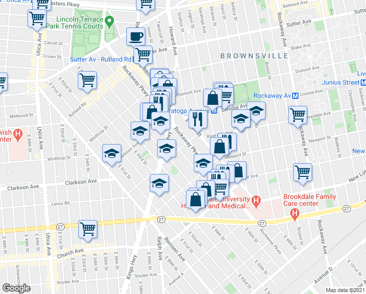 map of restaurants, bars, coffee shops, grocery stores, and more near 1130 Lenox Rd in Brooklyn