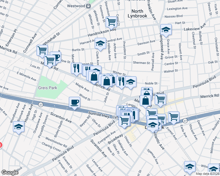map of restaurants, bars, coffee shops, grocery stores, and more near 478 Merrick Road in Lynbrook