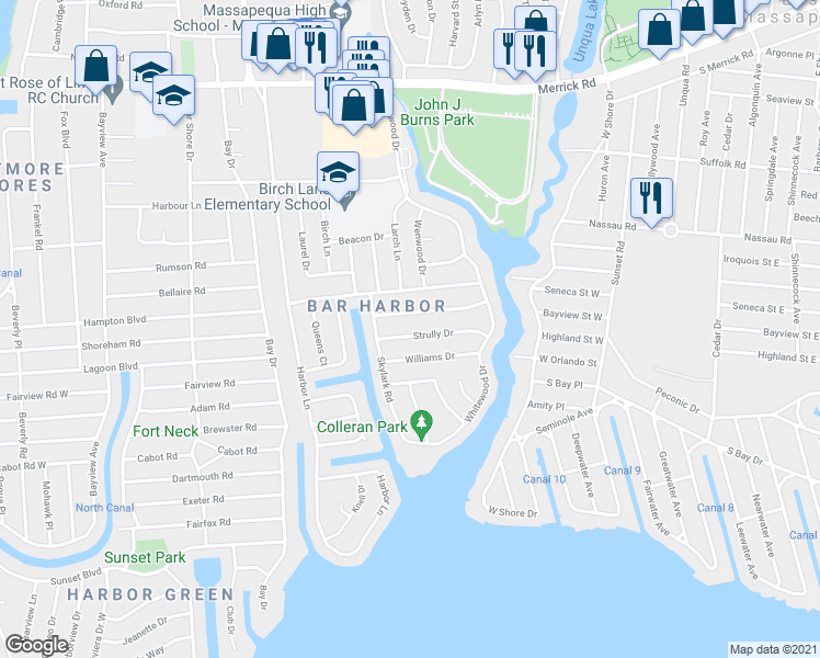map of restaurants, bars, coffee shops, grocery stores, and more near 15 Strully Drive in Massapequa Park