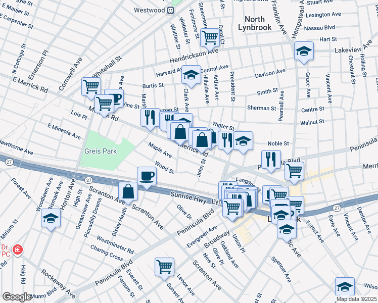map of restaurants, bars, coffee shops, grocery stores, and more near 504 Merrick Road in Lynbrook