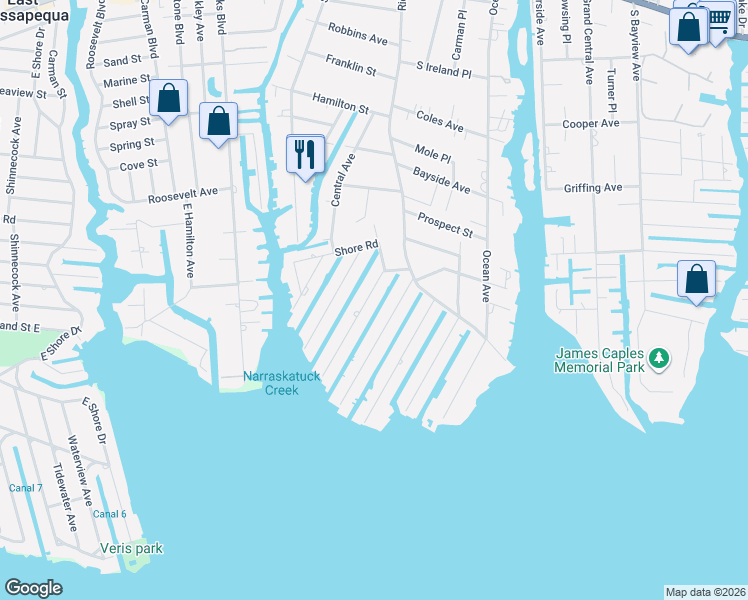 map of restaurants, bars, coffee shops, grocery stores, and more near 28 Stuart Avenue in Amityville