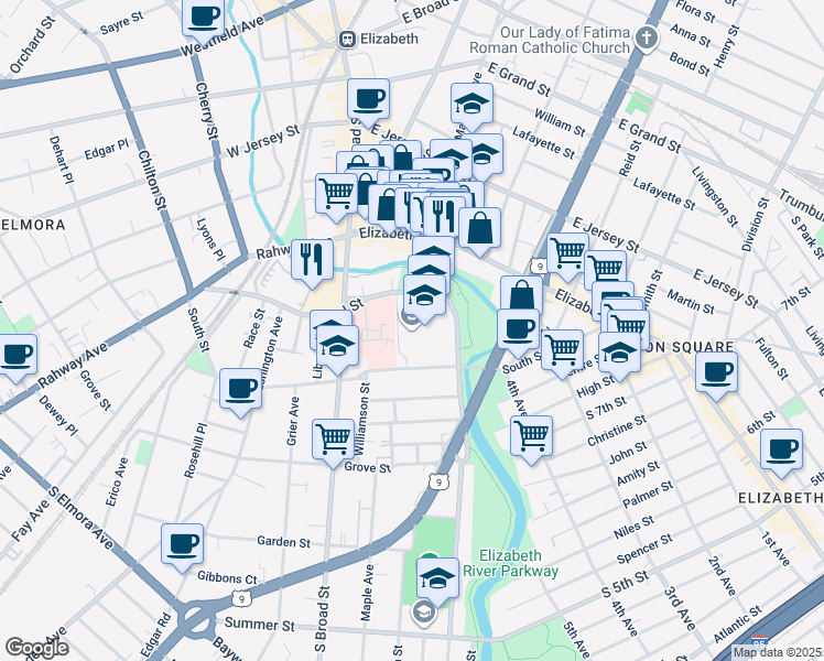 map of restaurants, bars, coffee shops, grocery stores, and more near 600 Pearl Street in Elizabeth