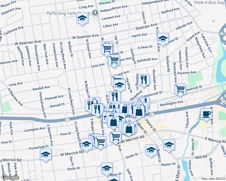 map of restaurants, bars, coffee shops, grocery stores, and more near 70 North Grove Street in Freeport