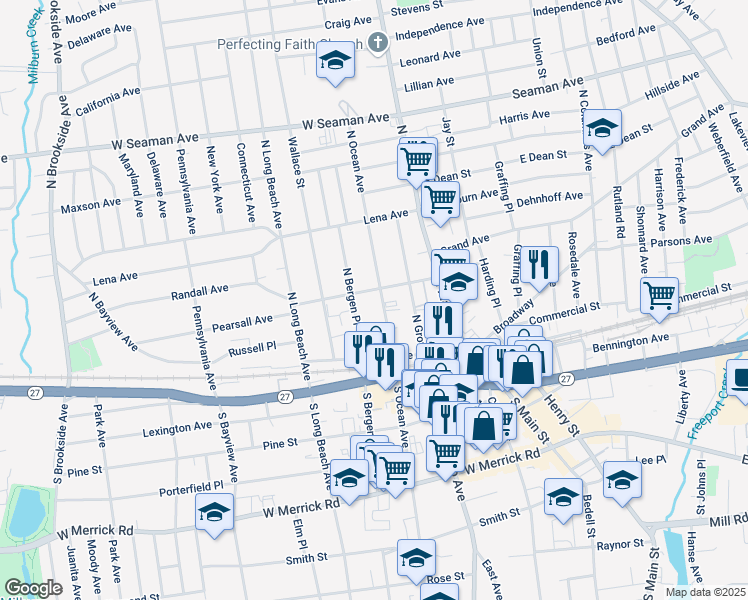 map of restaurants, bars, coffee shops, grocery stores, and more near 56 North Bergen Place in Freeport