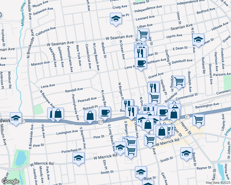 map of restaurants, bars, coffee shops, grocery stores, and more near 99 Randall Avenue in Freeport