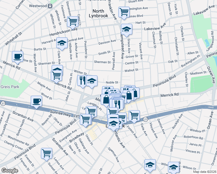 map of restaurants, bars, coffee shops, grocery stores, and more near 40 Daley Place in Lynbrook