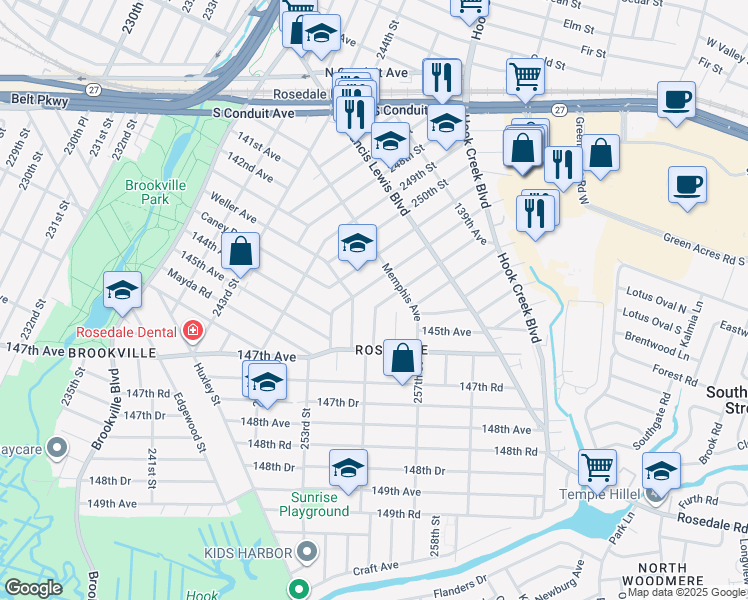 map of restaurants, bars, coffee shops, grocery stores, and more near 142-38 254th Street in Queens