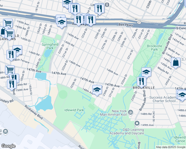 map of restaurants, bars, coffee shops, grocery stores, and more near 146-06 228th Street in Queens