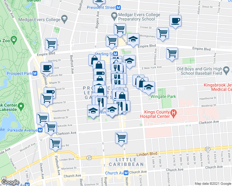 map of restaurants, bars, coffee shops, grocery stores, and more near 276 Rutland Road in Brooklyn