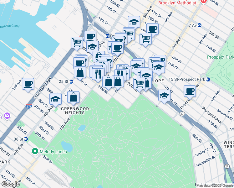 map of restaurants, bars, coffee shops, grocery stores, and more near 735 6th Avenue in Brooklyn