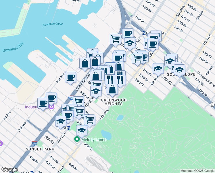map of restaurants, bars, coffee shops, grocery stores, and more near 219 27th Street in Brooklyn