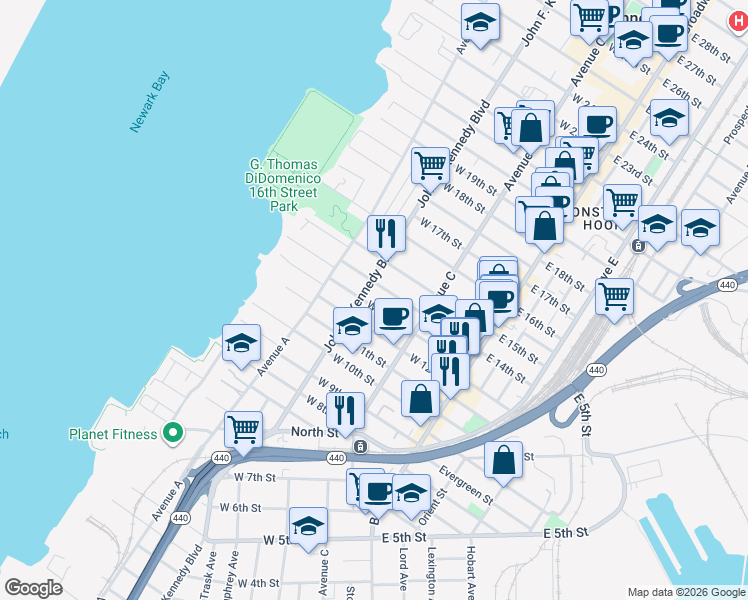 map of restaurants, bars, coffee shops, grocery stores, and more near 100 West 13th Street in Bayonne