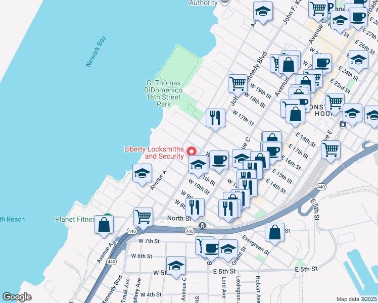 map of restaurants, bars, coffee shops, grocery stores, and more near 122 West 12th Street in Bayonne