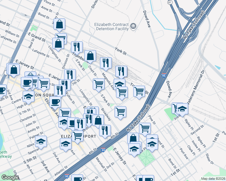 map of restaurants, bars, coffee shops, grocery stores, and more near 547 Court Street in Elizabeth
