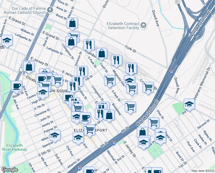 map of restaurants, bars, coffee shops, grocery stores, and more near 602 South Park Street in Elizabeth