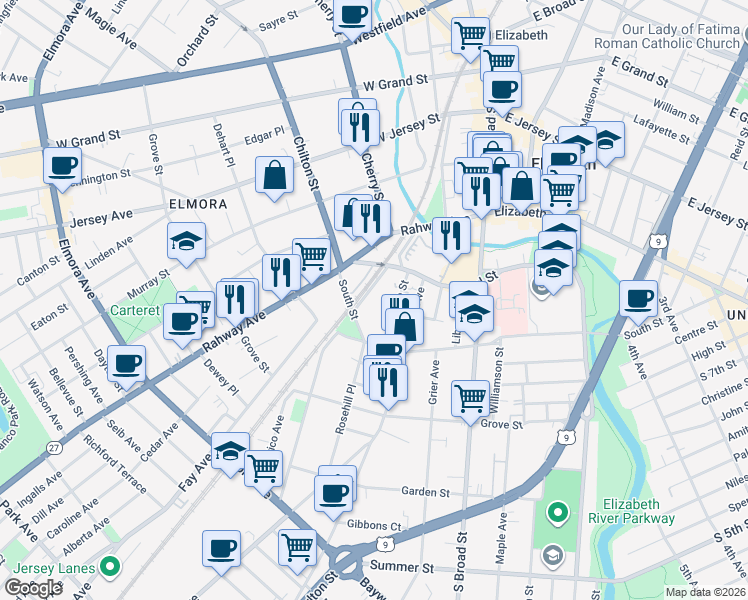 map of restaurants, bars, coffee shops, grocery stores, and more near 138 Burnett Street in Elizabeth