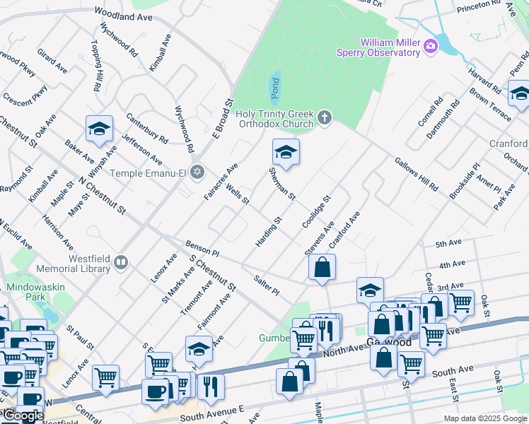 map of restaurants, bars, coffee shops, grocery stores, and more near 312 Wells Street in Westfield